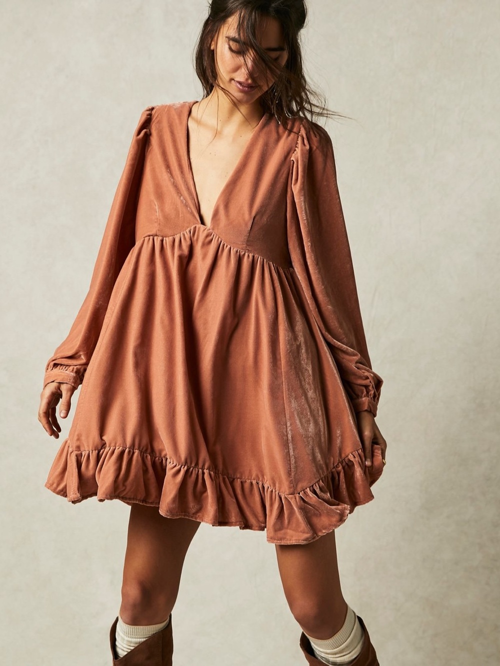 Free People Estella Velvet Mini Dress Boho Prairie Romantic Babydoll Size L